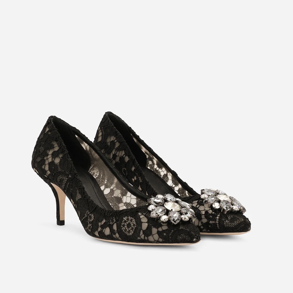 Dolce & Gabbana Black Lace Heels with Crystal Embellishments
